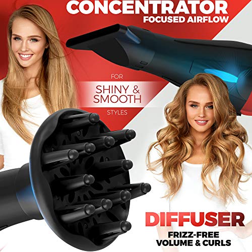 Professional Ionic Salon Hair Dryer, 2200 Watt Powerful AC Motor Ceramic Tourmaline Ion Blow Dryer, Quiet Hair Dryers with Diffuser & 2 Concentrator Nozzle Attachments Black/Red