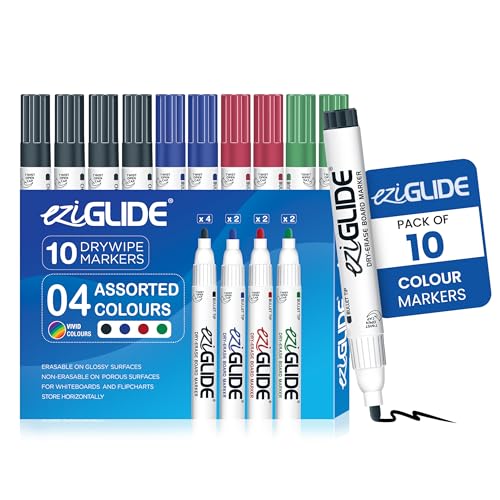 Eziglide 10-Pack Whiteboard Pens Bullet Tip – 4 Assorted Colors, Quick-Dry, Smudge-Free Ink - Ideal for Whiteboard, School, Classrooms, Flipcharts & Office Use (Black, Blue, Red & Green)