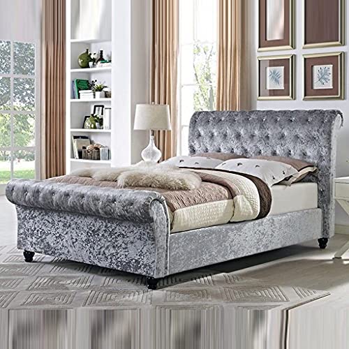 Sleigh bed Scroll bed frame Crushed Velvet Upholstered chesterfield (Grey Crushed, 5ft Kingsize)