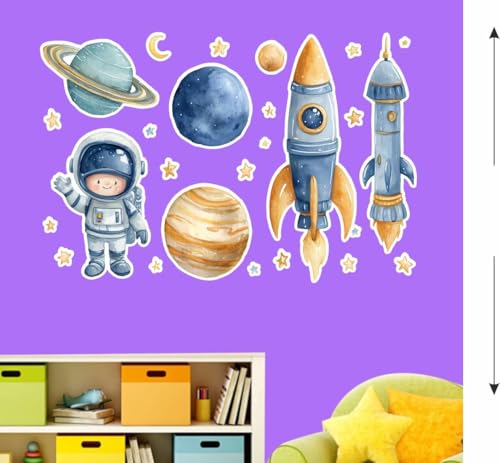 Image of Space Theme Wall Sticker for Kids Room | Astronaut, Rocket & Planet Self Adhesive Wall Decal | Peel & Stick Nursery, Bedroom & Playroom Decoration