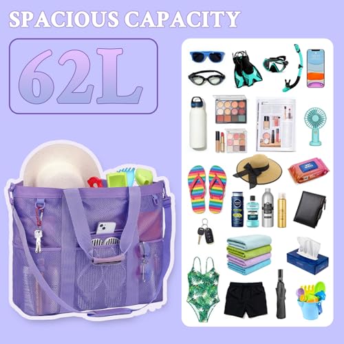 GYEUKHAM Mesh Beach Bag - Extra-Large Beach Tote Bag with Multiple Pockets for Family Beach Bag for Toys & Vacation Essentials,Purple by GYEUKHAM - Used condition - Image 4