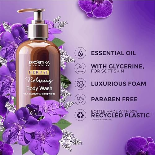 Image of Drontika Wild & Pure Body Wash For Women & Men, 500Ml Shower Gel Single Pump Bottle, 100% Natural Ylang Ylang Essential Oil & Lavender For A Soft And Smooth Skin, Ph Balanced Bodywash
