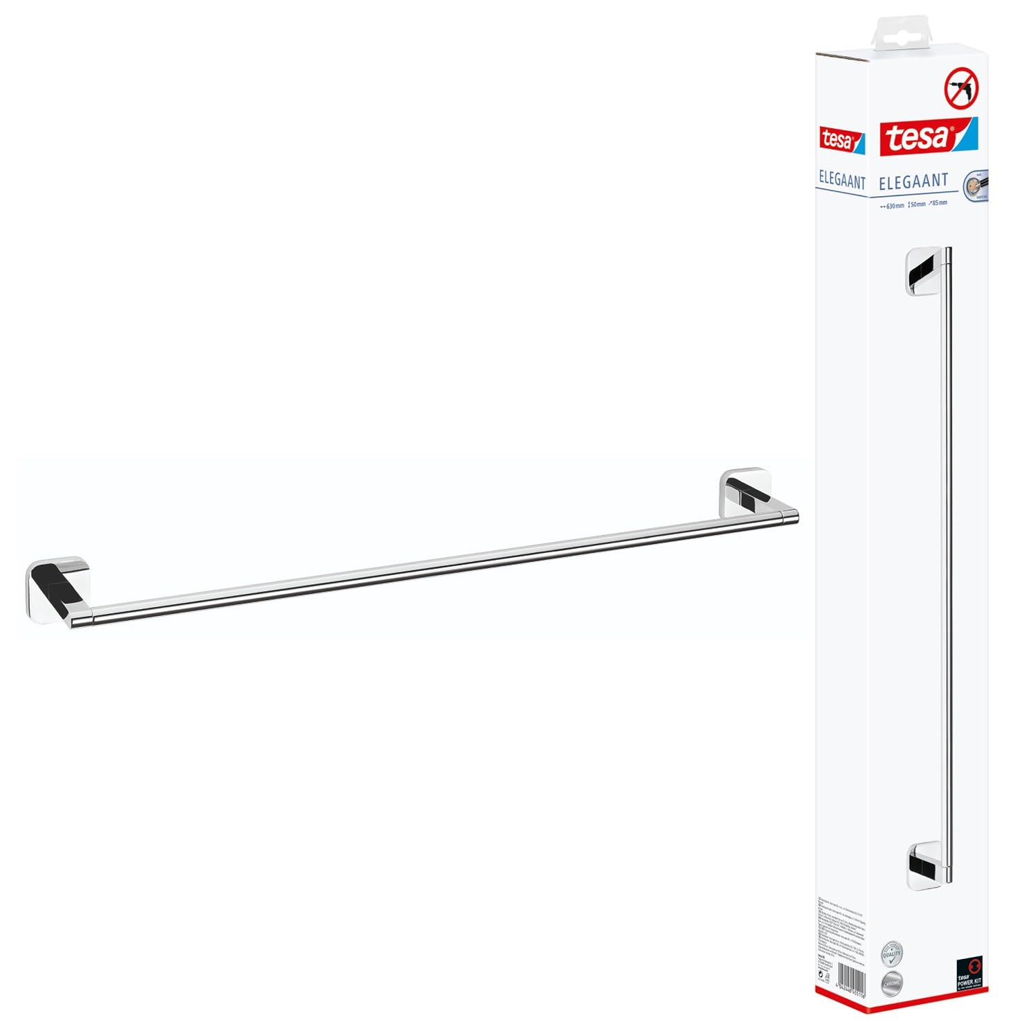Tesa Uk Silver Tesa Elegaant Single Towel Rail - Self-Adhesive Towel Bar In Stainless-Steel Design - Wall-Mounted Towel Holder - Waterproof, Incl. Power.kit Adhesive Solution - 50Mm X 630Mm X 85Mm