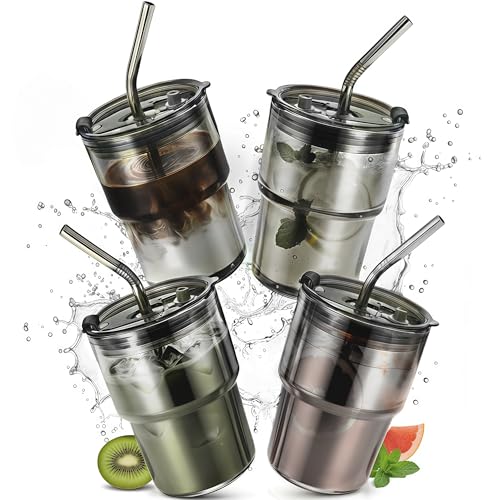 4 Packs Glass Tumbler with Lid and Straw Ice Coffee