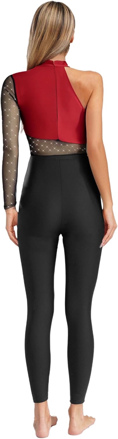 ranrann Womens One Shoulder Dance Unitard Shiny One Piece Jumpsuit Gymnastics Leotard Spandex Bodysuits Catsuit