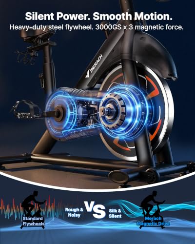 Image of Merach Magnetic Exercise Bike, Low Noise Stationary Bike for Home with Comfortable Seat Cushion, Spinning Bike with 330 lb Weight Capacity, Exclusive App, Tablet Mount and Fitness Courses
