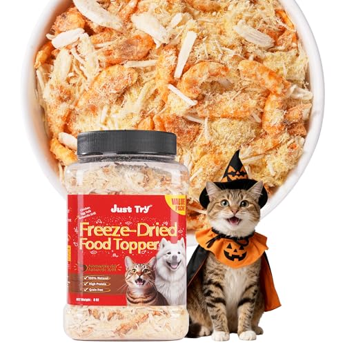 Just Try 8 OZ Raw Antarctic Krill Freeze Dried Cat & Dog Food Toppers Mixers Meal Toppers Low Calorie with Real Chicken Egg Yolk, High Protein Food Toppers Omega 3 for Picky Eaters Skin & Coat Support