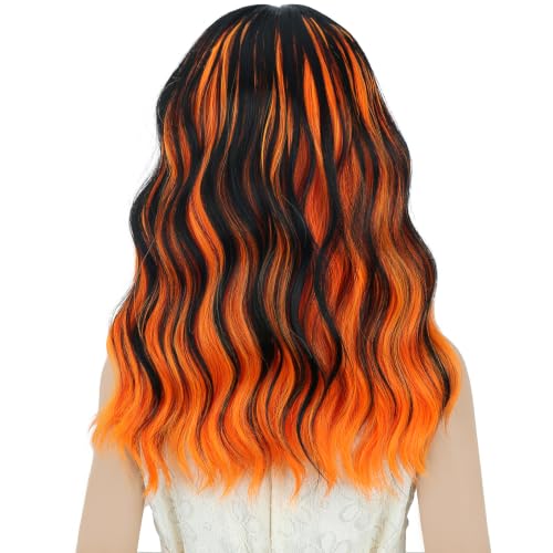 Image of Orange Mixed Black Wig Short Orange Black Wavy Curly Wigs Wig with Air Bangs Synthetic Cosplay Hair Wigs