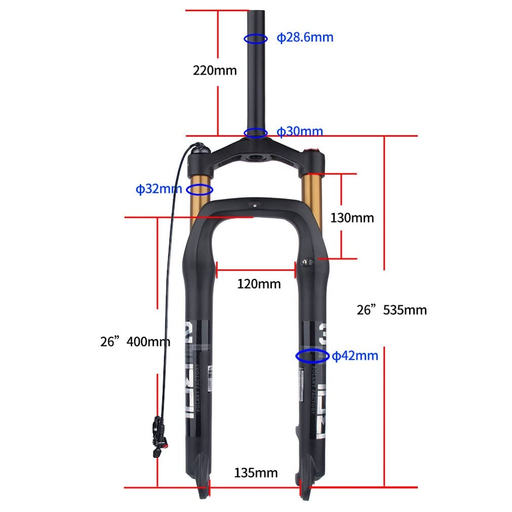 Horquilla De Suspensión De Bicicleta De Nieve De 26x4,0'' MTB Horquilla De Aire Gruesa 110mm De Viaje 28,6mm Tubo Recto Bicicleta Eléctrica Horquilla QR 9x135mm, Bloqueo Remoto (Color : Black)