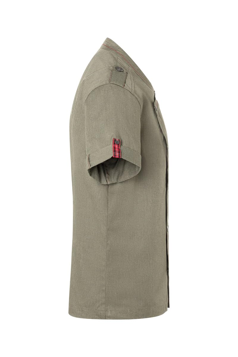 Karlowsky Kurzarm Herrenkochjacke Denim-Style Stage2 Druckknöpfe Polyester/Baumwollmix OEKO-TEX pflegeleicht vintage moss green