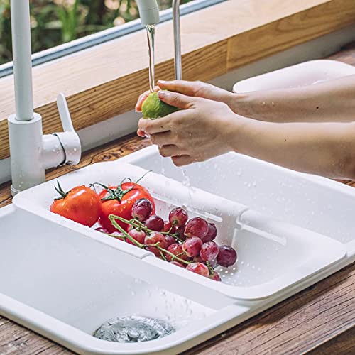 Image of KesaPlan Collapsible Sink Colanders and Strainers Basket Over the Colander Extendable Plastic Fruit Vegetable Strainer Drainer for Kitchen(Length 14.3-19.4inch)(White Set of 2)