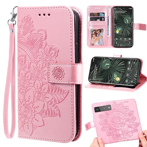 Étui portefeuille Pixel 6 Pro en cuir floral avec porte-cartes et support vidéo