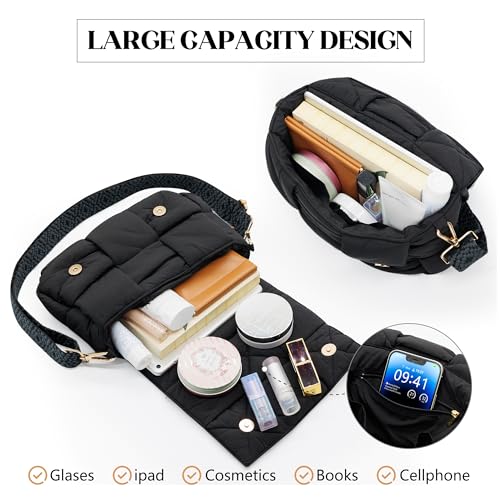 Image of Shoulder Bag Lightweight Puffer Tote Crossbody Bag Handwoven for Women | waterproof nylon, durable, soft padded texture, versatile for travel, work, weekend, everyday, adjustable strap