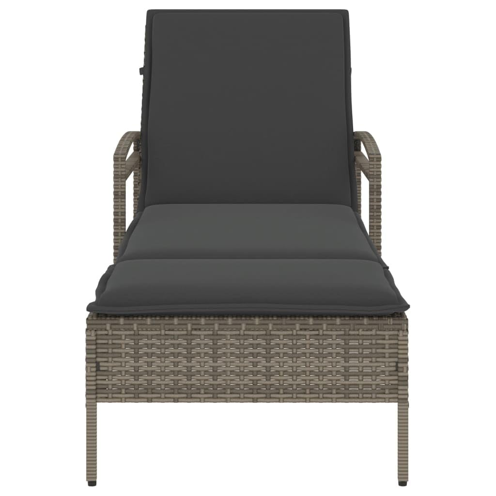 Polirattan Leżak ogrodowy z poduszką szary 63x200x81 cm regulowane oparcie 3 poziomów składany tarasowy z podłokietnikami PE rattan stal malowana proszkowo leżak zewnętrzny wygodny balkonu na basen