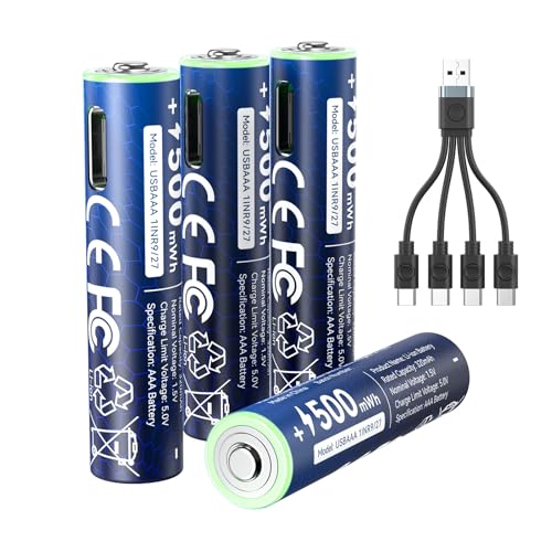 NTONPOWER Piles Lithium AAA 1,5 V 500 mWh, Rechargeables USB-C avec câble, Lot de 4, pour Lampe Torche