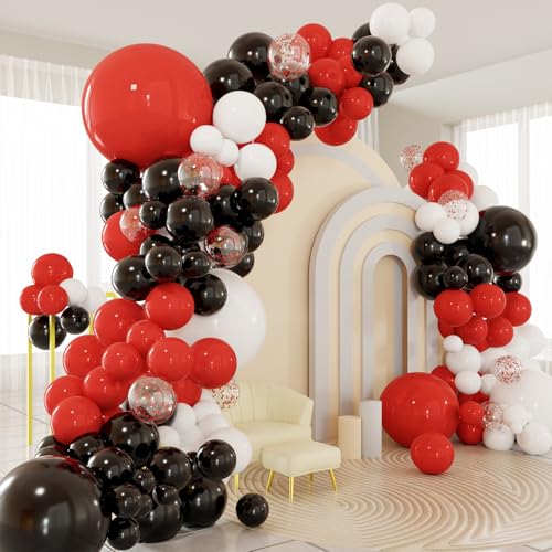 Red White Black Balloons Arch Kit 124pcs Black White Red Confetti Balloons with 16ft Tape Strip & Dot Glue for Graduation Birthday Baby Shower Wedding Party Decorations