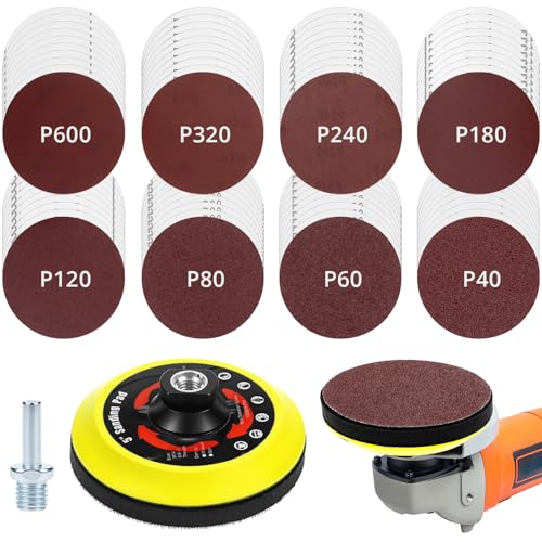 QWORK® 80 Piezas lija de amoladora angular, 125mm 40/60/80/120/180/240/320/600 grano papel de lija con varilla y disco de pulido, para madera, metal y pintura