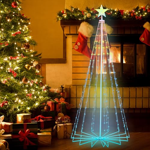 6ft Smart Lighted Christmas Tree 265 LED RGB Outdoor Christmas Cone Tree Music Sync Remote APP Control Timer Dimmable Artificial Xmas Tree for Porch Yard Patio Indoor Decoration
