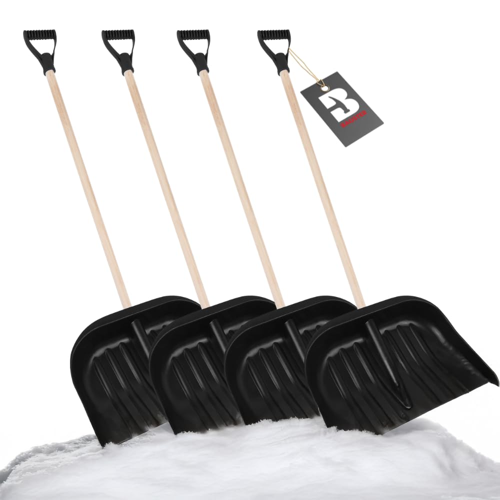 Schneeschaufel Set 4 Stück – Schneeschieber mit Aluminiumkante, Holzstiel & D-Griff – Robuste Schneeschaufeln für Einfahrt, Gehweg, Terrasse – Schwarz