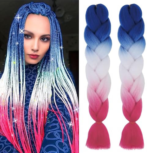 BASEMMAHER Braiding Hair Extensions for Women Girls Red White Blue 24 Inch Ombre High Temperature Jumbo Colored Synthetic Braiding Hair Pre stretched Crochet Braids for Cosplay Party Makeup