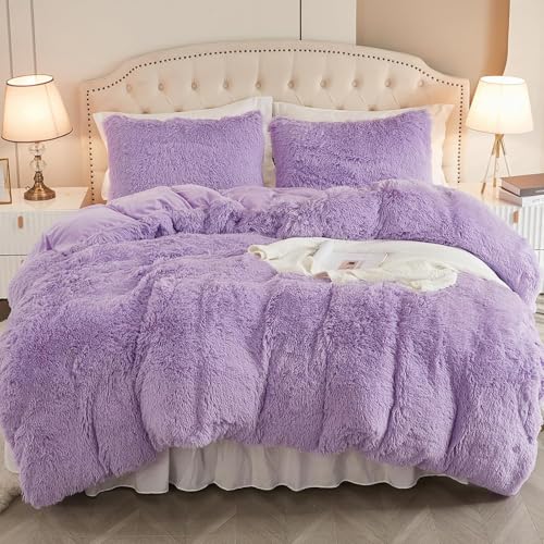 Image of EMME Luxury Purple Fuzzy Duvet Cover Set King Size 3 Pieces Fluffy Comforter Cover Set for King Bed Shaggy and Plush Soft Bedding Duvet Covers (Purple, King)