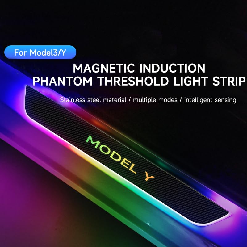 Door Sills with LED Lights for Tesla Model Y/3 Car Door Sill Protector Led Door Sills for Tesla Y&3 Car Threshold Lights RGB Car Door Pedal Lamp Welcome Scuff Plate Pedal Light (2PCS Rear, Model 3)