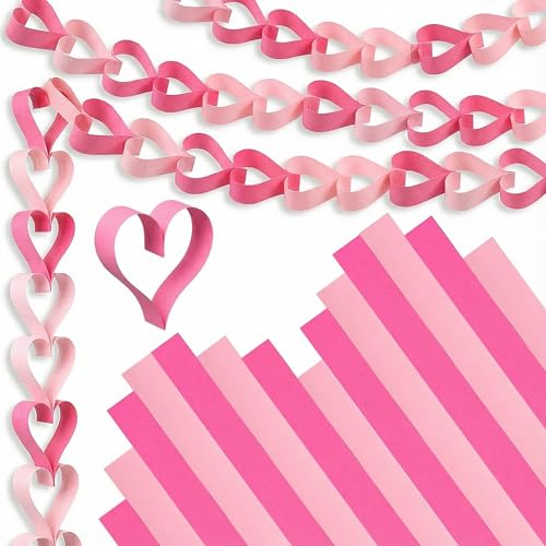 Faccito 300 Pcs Pink Heart Paper Chain Strips for Valentine's Day Garland Bunting Banners DIY Crafts Supplies, Heart Shape Hanging Decoration for Engagement Wedding Anniversary Birthday Party