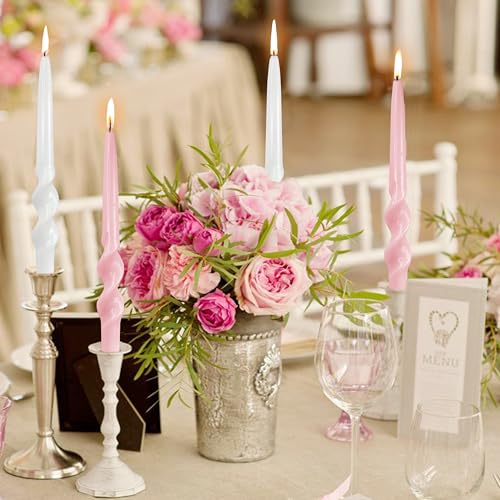XINAOBAOLUO Pink Spiral Taper Candles, 10 Inch Pastel Twisted Candle Sticks Dripless Swirl Candlesticks Home Décor for Wedding Party Dinner Table, Set of 6