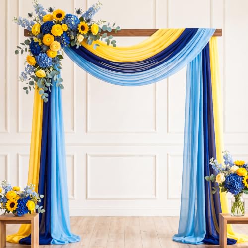 Image of Amalfi Coast Wedding Arch Draping Fabric 3 Panels Blue Yellow Lemon Drapes 2.46 x 20ft Sheer Chiffon Fabric Backdrop for Wedding Ceremony Birthday Party Bridal Shower Decoration