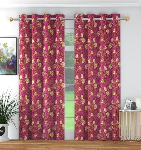 Image of Heavy Polyester Floral Printed Door Light Filtering Curtains for Living Room Bedroom Hall Room, 8 feet Door, Pink, Set of 2