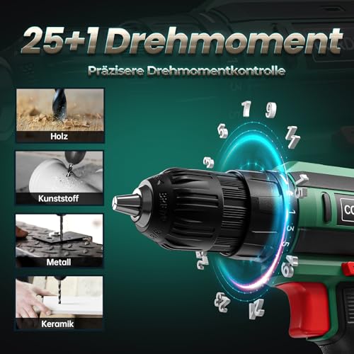 Akkuschrauber mit 2000mAh Akku, 20V Akku Bohrschrauber Set 42Nm Max, 2-Gang Akku-Bohrmaschine, Kompatibel mit Makita Akku, 25+1 Drehmomentstufen, 10mm Bohrfutter, LED-Licht, Für Reparatur und DIY Grün