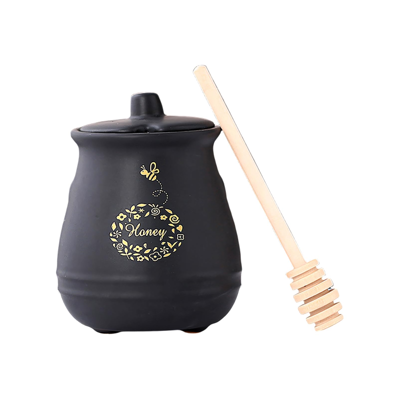 Osniyaw Black Porcelain Honey Jar With Wooden Spoon And Lid, Ceramic Storage Container, Farmhouse Kitchen Decor, Ceramic Pots With Lid And Spoon