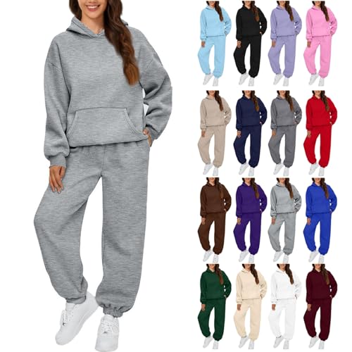 Jogginganzug Damen Set Elegant Langarm Trainingsanzug Sport Hosenanzug Damen Casual Hoodie Und Jogginghose 2 Teilig Outfit Outdoor Sportanzug Warm Hausanzug Bequeme Freizeitanzug Tracksuit (Gray,M)