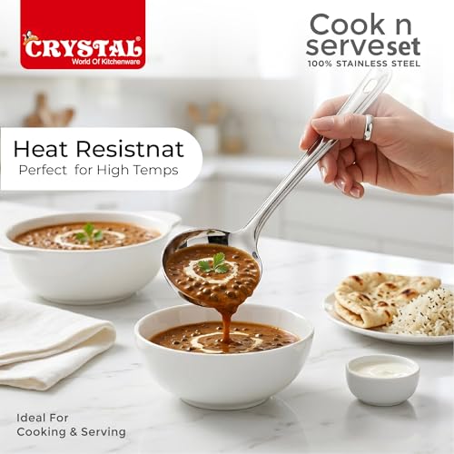 Image of Crystal Stainless Steel Cooking & Serving Spoon Set | 5 Pcs Set | Ladle,Oval Server,Skimmer, Spatula and Stand