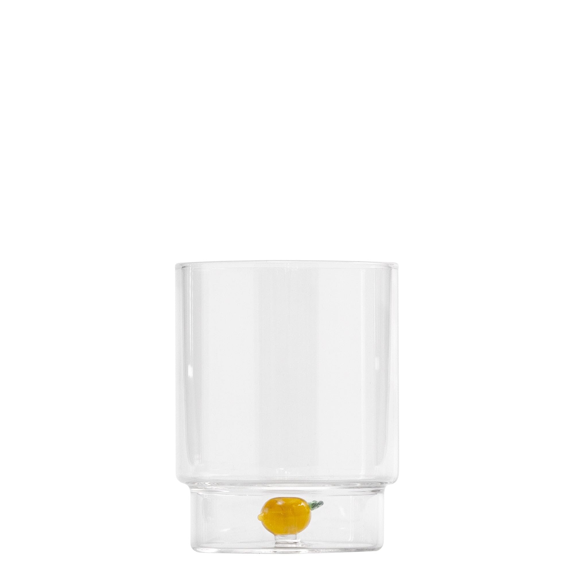 Zafferano Teca Frutta Mix - Set 6 Bicchieri in Vetro Borosilicato con Frutta - Tumbler 35 cl Doppio Fondo Decorato a Mano, Lavabili Facilmente