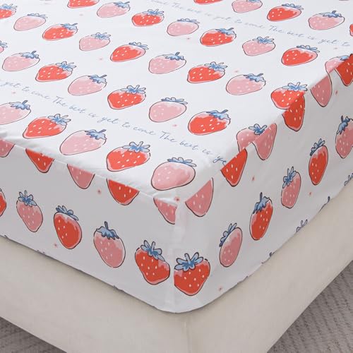 Image of NATURETY Bedding Fitted Sheet with Deep Pocket,Cute Fruit Printed Fabric Bed Sheets (Pink Strawberry, Twin)