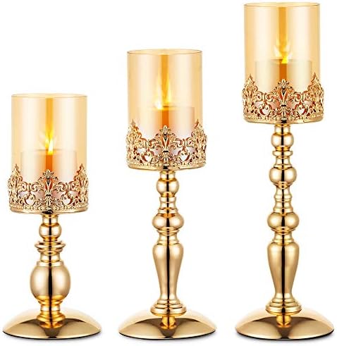 NUPTIO Pillar Candle Holders with Glass, Set of 2 Gold Hurricane Candle Holder Modern Home Decor Gifts, Candlelight Holder for Wedding Anniversary Housewarming Party Table Centerpieces, Medium Size