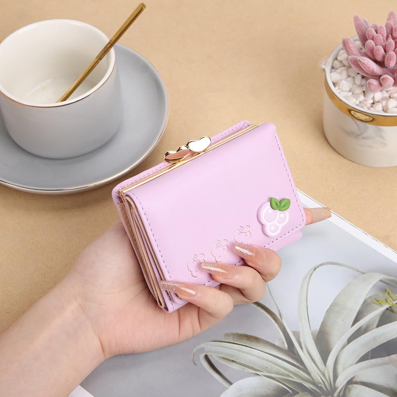 Image of Valerie Cute Small Wallets Clutch for Teen Girl Women PU Leather Trifold Small Wallet Cash Pocket 3D Buckle Card Holder Coin Purse with ID Window for Girls Women (Purple)