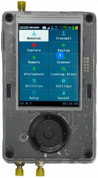 User interface of the PortaPack H4M + HackRF One R10C, showing various application icons like Capture, Replay, Scanner, and Settings.