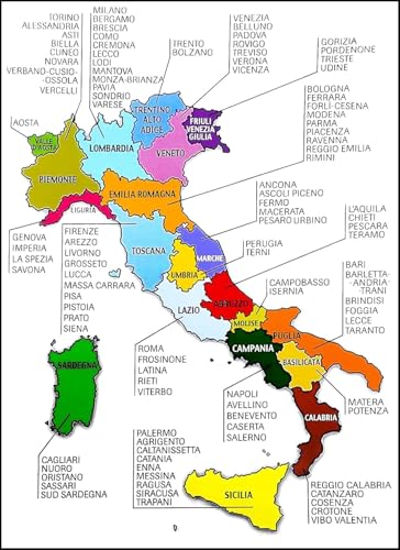 KUSTOM ART Quadro da Parete o da Tavolo Cartina Italia Regioni con Province Stampa Artistica su Legno 30x21