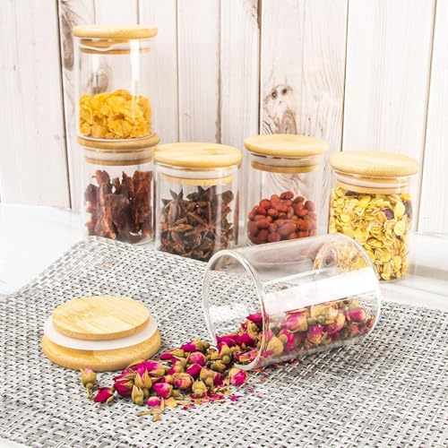 Image of Glass Jars Air Tight Canister Borosilicate Kitchen Food StorageRound jar 220 ml Container Set With Natural Bamboo Lids For Sugar, Pasta, set of 6(6, Round BAMBOO LID GLASS JAR 220ml -)