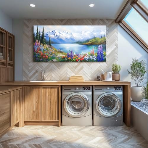 crmotu Lake Wildflowers Large Wall Art, Snow Mountain Forest Wall Decorations, Nature Landscape Canvas Art Prints, Rustic Bright Pictures Wall Decor Living Room Bedroom Farmhouse Kitchen 30x60 Inch