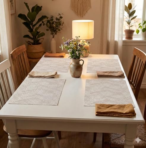 Image of YELONA Placemats for Dining Table - Heat Resistant, Non-Slip & Washable PVC Vinyl Table Mats - Set of 6, 45 x 30 cm (Camel White)