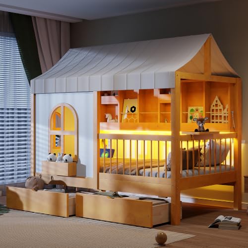 Image of House Bed with Tent and Bookshelf, 2 Drawers, USB Charging
