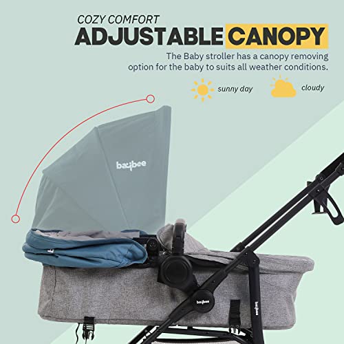 Image of Baybee Convertible Baby Stroller Pram for Newborn to Toddler (0-3 Years) | Reversible Bassinet Seat, Adjustable Canopy & Recline, 5-Point Safety Harness, Foldable Baby Stroller for Boys & Girls (Blue)