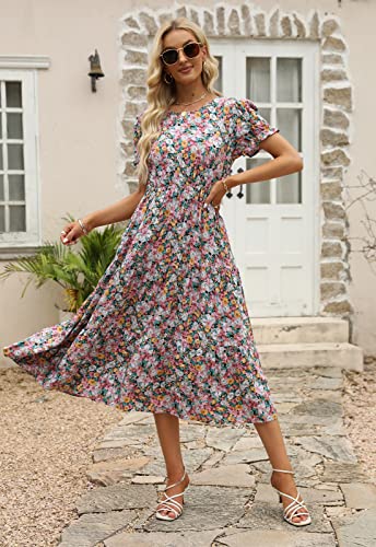 Image of NAVINS Womens Floral Print Modest Wedding Guest Midi Dress with Pockets | Puff sleeve tiered boho dress for summer, church, and vacations. Elastic waist, Below knee, hand or machine wash.