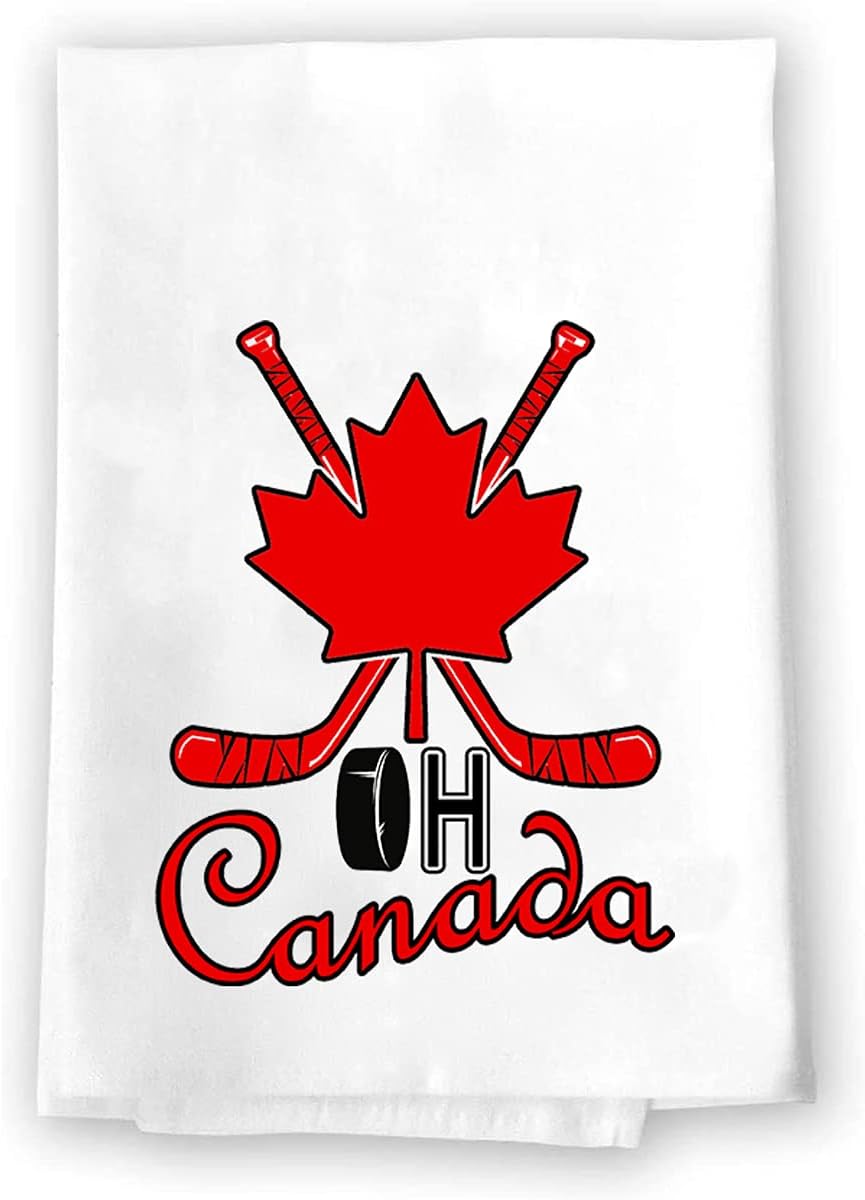Oh Canada With Hockey Sticks | Canadian Home Decor | Maple Leaf | Decorative Kitchen and Bath Hand Towel | Christmas Present | Noel Gifts