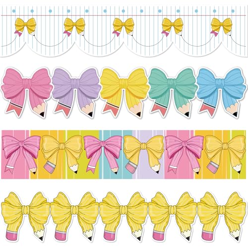 Pencil Coquette Bow Bulletin Board Border Composition Pencil Bowknot Die Cut Trim Border Colorful Cute Bow & Pencil Classroom Self-Adhesive Decoration for Back to School Chalkboard Door Wall Supplies