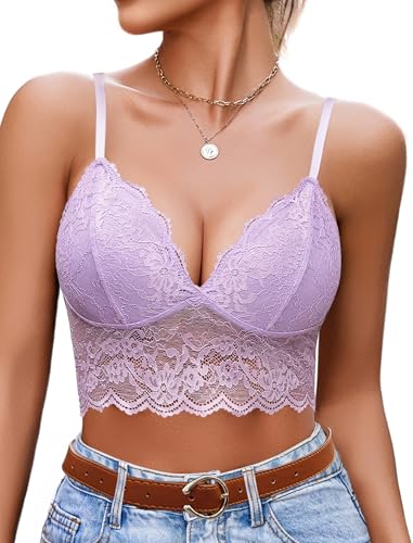 Image of Avidlove Lace Bralettes for Women V Neck Spaghetti Strap Bra Unpadded Tops Sexy Cami Crop Top Going Out Lingerie