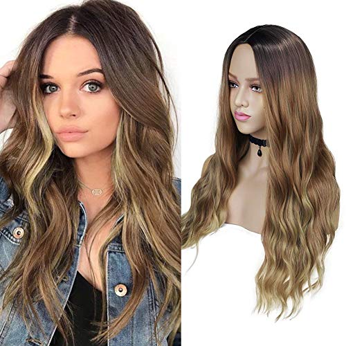 HANNE None Lace Long Natural Wave Ombre Brown to Blonde Synthetic Wigs for Black Women High Density Heat Resistant Middle Part Wavy Synthetic Hair Party/Cosplay Party/Halloween Wigs (4/30/27 Wavy)